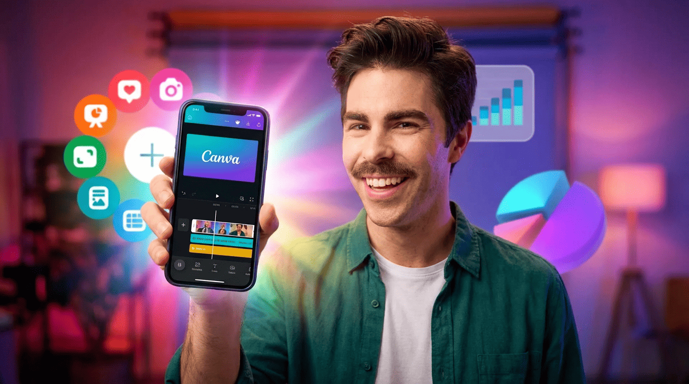 Canva para a sua empresa - Imagem ilustrativa de pessoa sorrindo com elementos gráficos ao redor